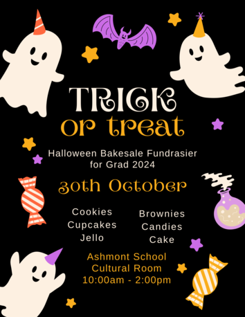 Poster with ghosts and candies that show the date and information about our upcoming Grad bake sale.