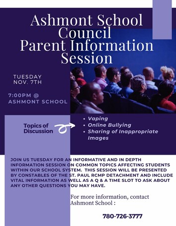 Poster about Nov. 7 presentation done by the RCMP at Ashmont School.